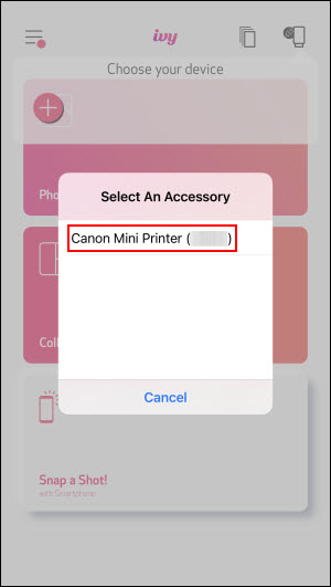 Canon Mini Printer displayed under Select An Accessory