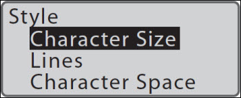 "Character Size" selected on screen