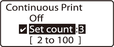 Continuous Print screen, Set count selected
