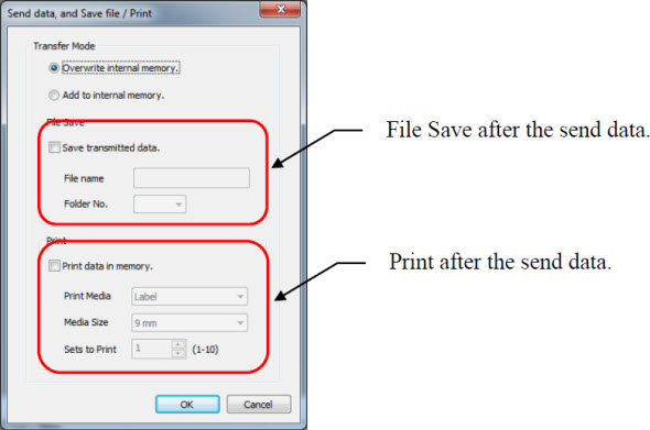 Send data, and Save file / Print dialog box