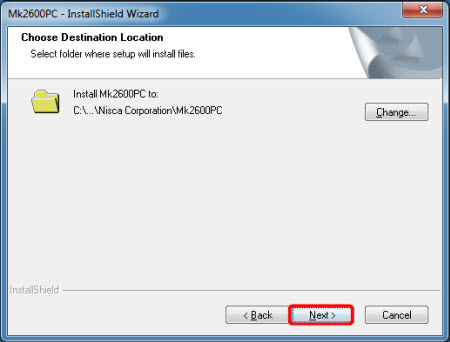 Specify the destination folder for installation, then click Next (outlined in red)