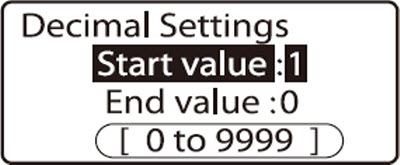 Decimal numbering setting display, 1 entered as the Start value