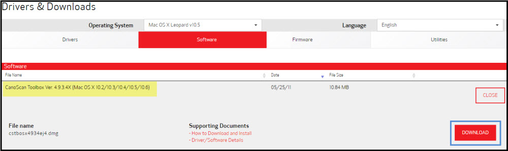Image: Drivers and Downloads / Software screen with CanoScan Toolbox highlighted, and Download button in the bottom right corner selected.