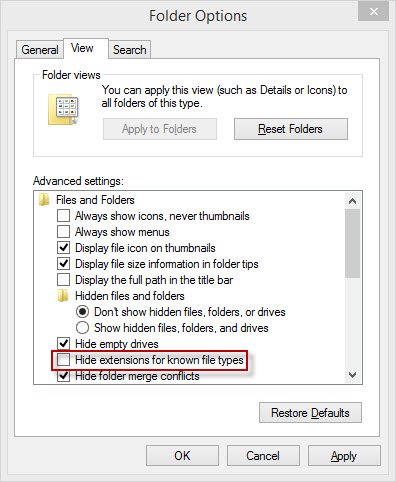 Folder options screen with box next to 