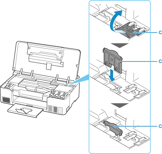 Remove the carriage stopper (C) and insert it all the way into the hole in the printer side