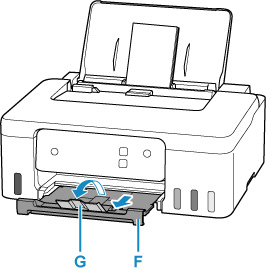 Pull out the paper output tray (F) and open the output tray extension (G)