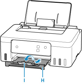 Pull out the paper output tray (H) and open the output tray extension (I)