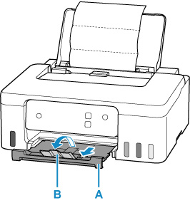 Pull out the paper output tray (A) and open the output tray extension (B)