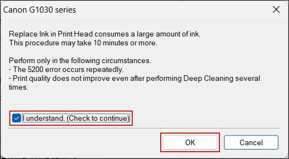 Figure: Warning message for Replace Ink in Print Head