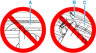 Do not touch the clear film (A), white belt (B), or tubes (C)