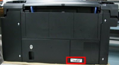 Serial number shown on the back of the printer (outlined in red)