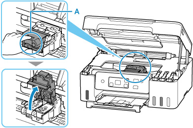 Grab the knob (A) to open the print head locking cover