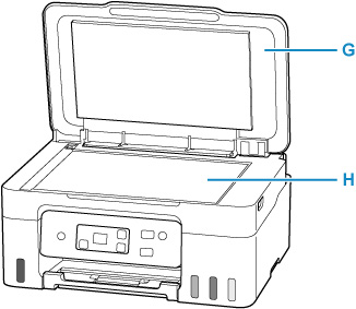 Front view of printer with document cover open