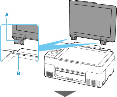 Fit both hinges (A) of the document cover into the holder (B) and insert both hinges of the document cover vertically as illustrated below