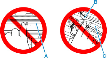 Don't touch the clear film (A), white belt (B), or tubes (C)