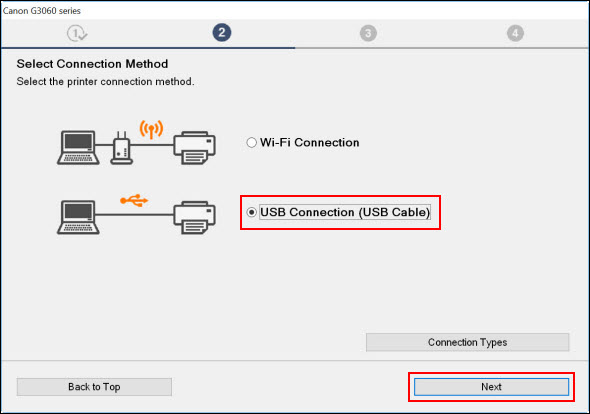 Select USB Connection (USB Cable) (outlined in red), then click Next to proceed
