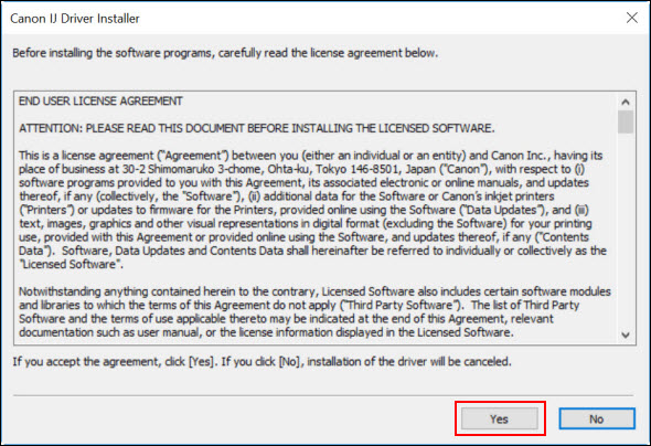 Read the License Agreement and click Yes (outlined in red) to proceed
