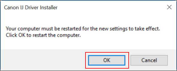 Click OK (outlined in red) to reboot the PC, or Cancel to close the window