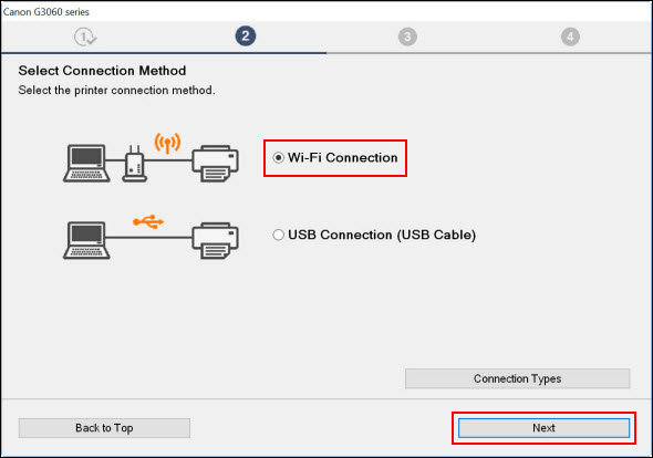 Select Wi-Fi Connection, then click Next (outlined in red)