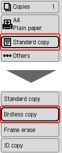 Figure: Select brdless copy under Standard copy (outlined in red)