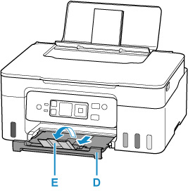 Pull out the paper output tray (D) and open the output tray extension (E)