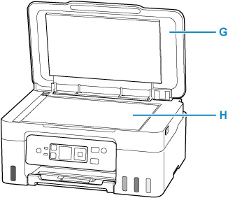 Front view of the printer with the document cover opened