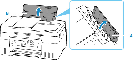 Open the rear tray cover (A) and then pull up the paper support (B)