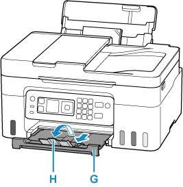 Pull out the paper output tray (G) and open the output tray extension (H)