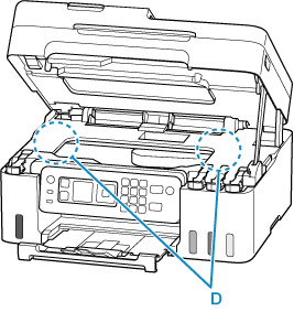 Is any paper left in the left and right empty spaces (D) in the printer?