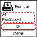 Check the paper information, then select OK (outlined in red) and press the OK button on the printer