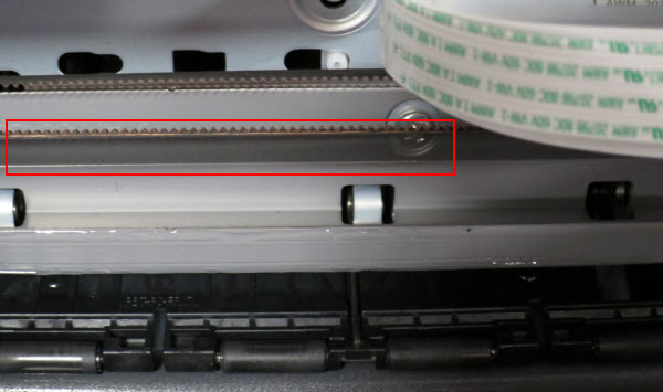 Figure: Drive belt and Encoder (Timing) strip (Encoder strip outlined in red)