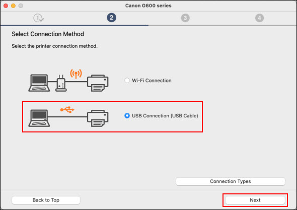 Select USB Connection, then click Next (outlined in red)