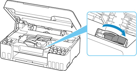 Open the scanning unit / cover and open the ink valve by tilting the ink valve lever tightly to the right