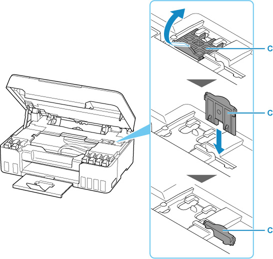 Remove the carriage stopper (C) and insert it all the way into the hole in the printer side