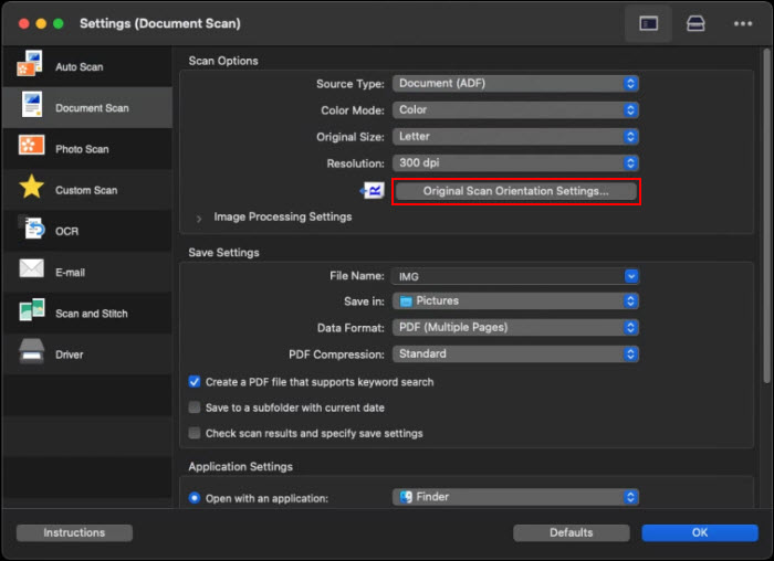 Click Original Scan Orientation Settings...(outlined in red)
