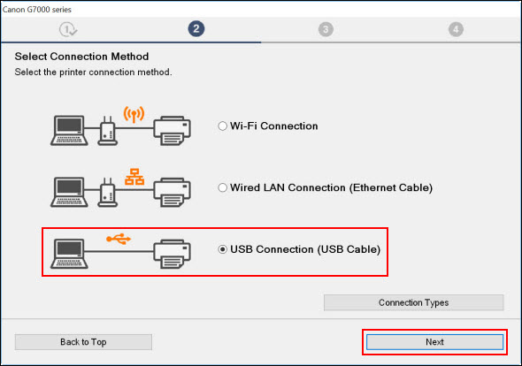 Select USB Connection (USB Cable), then click Next (outlined in red)