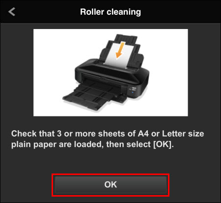 Load three sheets of A4 or Letter size plain paper, then tap OK (outlined in red)