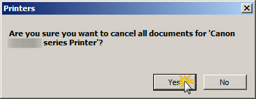 Image: Confirmation message - Are you sure you want to cancel all documents for the Canon series printer? Yes button selected.
