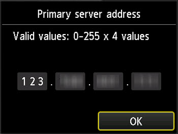 Figure: Repeat this process for the next three groups of numbers for the Primary server address. Tap OK when finished