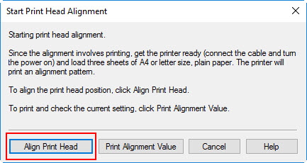 Align Print Head - Message reads: Since alignment involves printing, get the printer ready (turn the power on) and load 3 sheets of A4 or letter size plain paper. The printer will print an alignment pattern. To align the print head position, click Align Print Head. To print and check the current setting, click Print Alignment Value. Align Print head button chosen at bottom left of screen.