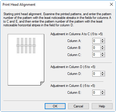 Figure shows Print Head Alignment screen with these instructions: Examine the printed patters, and enter the pattern number of the patter with the least noticeable streaks in the fields for columns A to C, and E, then enter the pattern number of the pattern with the least noticeable horizontal stripes in the field for column D. Figure shows columns with no values yet entered. Okay button selected at bottom left of screen.