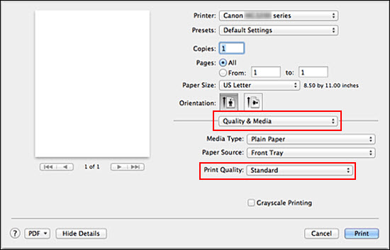 Select the desired print quality (outlined in red) from Quality & Media (outlined in red)