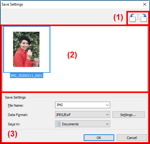 figure: Save Settings dialog box with 3 areas highlighted