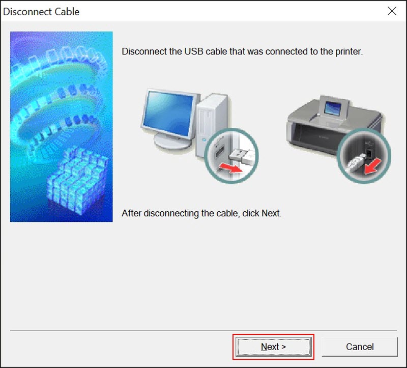 Disconnect the USB cable and click Next (outlined in red)