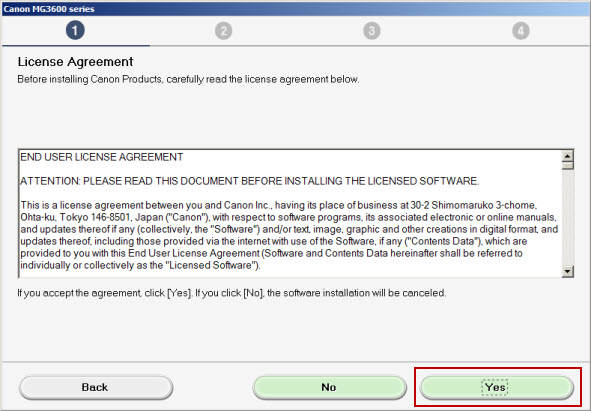 License Agreement screen. Click Yes to proceed. 