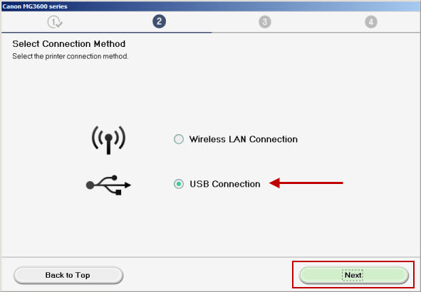 Select Connection Method screen. Select USB Connection and click Next.