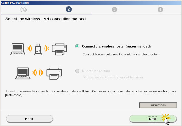 Select the wireless LAN connection method screen.