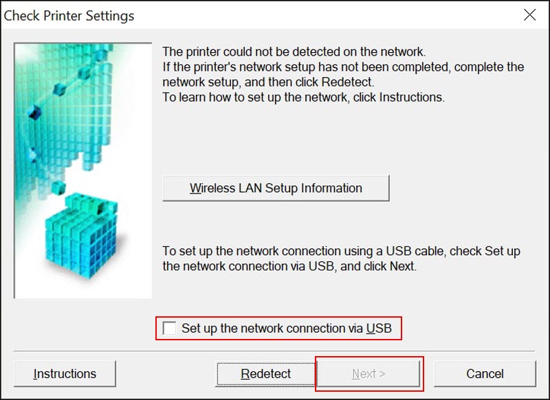 Place a check in the box for Set up the network connection via USB and select Next (both outlined in red)