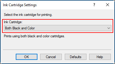 Ink Cartridge Settings screen shows Both Black and Color selected from drop-down