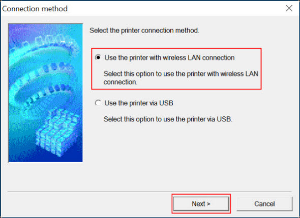 Make sure that Use the printer with wireless LAN connection is selected, then click Next (outlined in red)